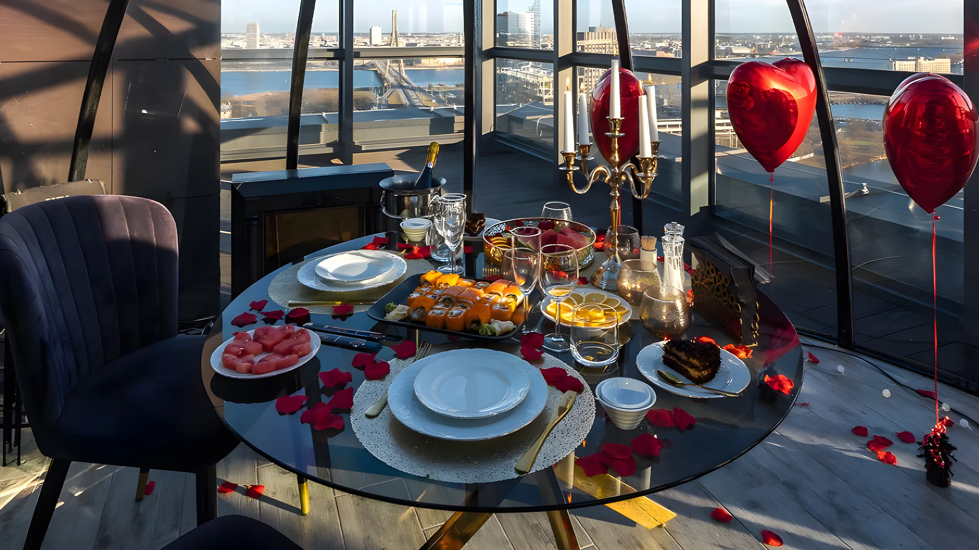 A romantic dinner setup inside the heated SkyHouse rooftop igloo, with red heart balloons, rose petals and a panoramic view of Riga